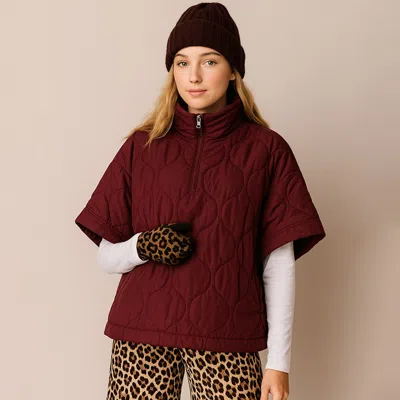 Truedames Quilted Short Sleeves Puffer Pullover Poncho In Burgundy