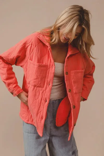 Truedames Quilted Wrinkle Gauze Long Sleeve Shacket In Red