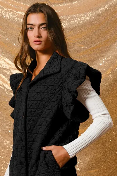 Truedames Quilting Knit Ruffle Sleeve Vest In Black
