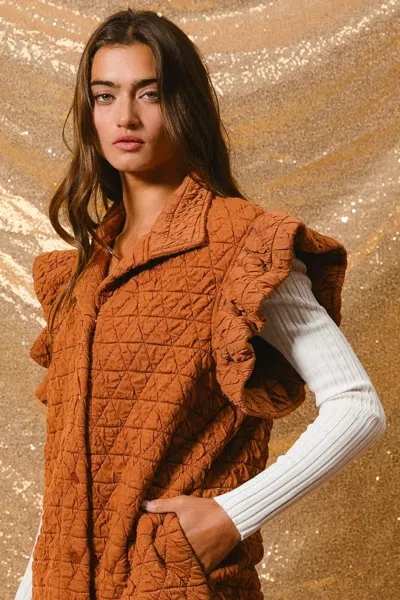 Truedames Quilting Knit Ruffle Sleeve Vest In Brown