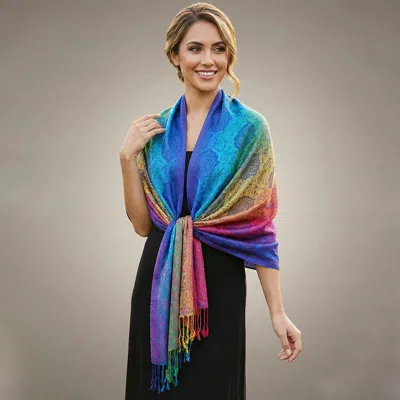 Truedames Rainbow Ornate Paisley Pattern Pashmina Shawl Scarf In Blue