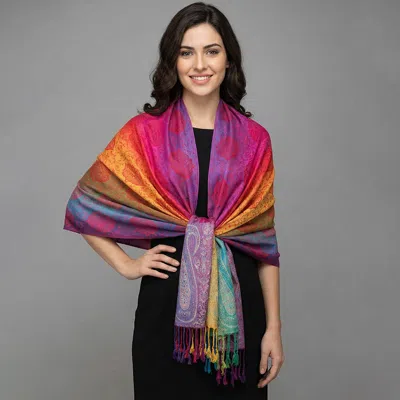 Truedames Rainbow Ornate Paisley Pattern Pashmina Shawl Scarf In Pink