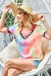 Truedames Rainbow Tie-dye Leopard Trim V-neck T-shirt In Multi