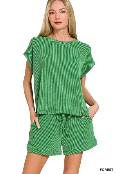 Truedames Raised Rib Cap Sleeve Top & Shorts Set In Green
