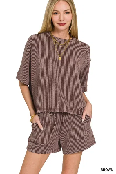 Truedames Raised Rib Short Sleeve Tee And Drawstring Shorts Set In Brown