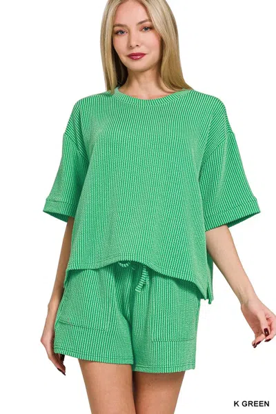 Truedames Raised Rib Short Sleeve Tee And Drawstring Shorts Set In Green