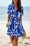 Truedames Random Print Button Down Belt Ruffle Midi Dress In Blue