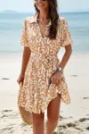 Truedames Random Print Button Down Belt Ruffle Midi Dress In Brown