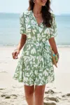 Truedames Random Print Button Down Belt Ruffle Midi Dress In Green