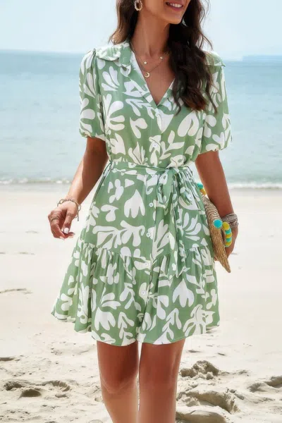 Truedames Random Print Button Down Belt Ruffle Midi Dress In Green