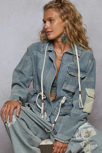 Truedames Raw Hem Drawstring Zip Up Hooded Denim Jacket In Blue
