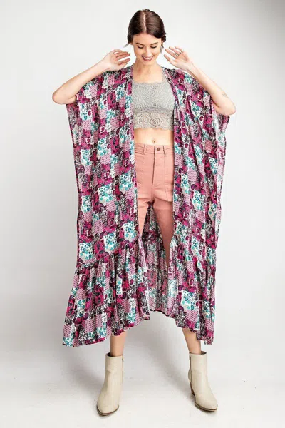 Truedames Rayon Challis Ruffle Bottom Maxi Open Kimono In Pink