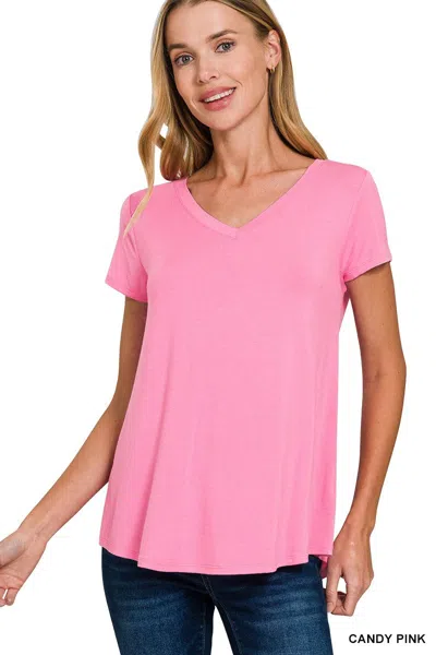 Truedames Rayon Short Sleeve V-neck Round Hem Top In Pink
