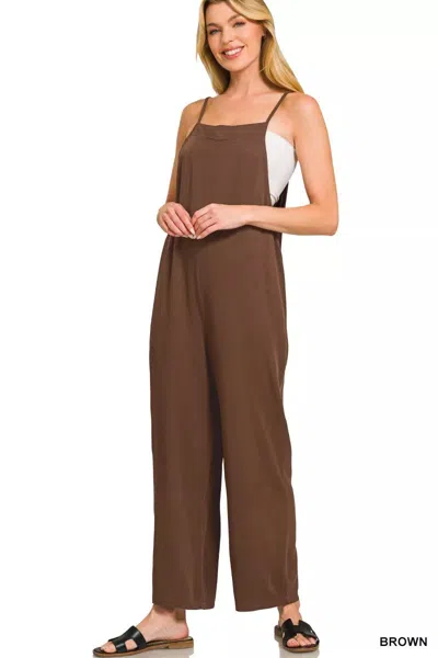 Truedames Rayon Woven Wide Leg Jumpsuit In Brown