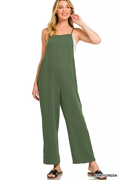 Truedames Rayon Woven Wide Leg Jumpsuit In Green