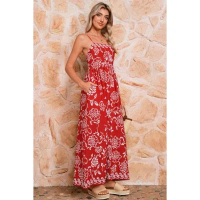 Truedames Red Floral Print Spaghetti Strap Empire Waist Maxi