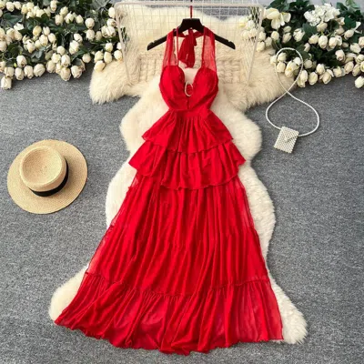 Truedames Red Halter Sleeveless Mesh Dress V-neck Tie-waist Tiered Cake Maxi, Summer Vacation Statement Gown
