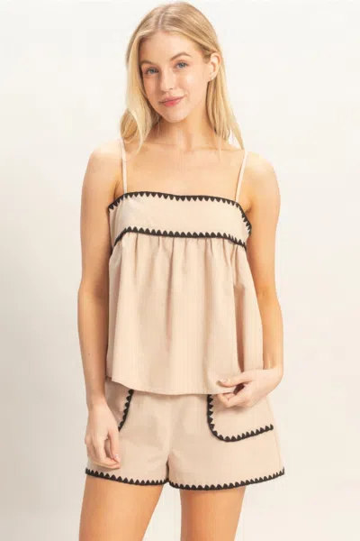 Truedames Relaxed Fit Babydoll Top With Contrast Trim In Neutral