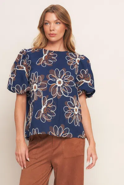 Truedames Retro Bloom Puff Sleeve Woven Top In Blue