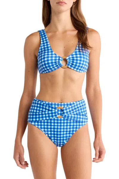 Truedames Retro Charm Gingham Blue Watercolor High-waisted Bikini Top Swimsuit