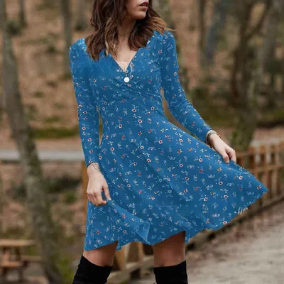 Truedames Retro Floral Print V-neck Long Sleeve Dress In Multi