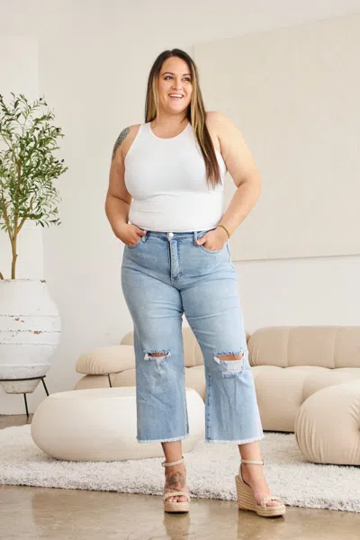 Truedames Rfm Full Size Tummy Control High Waist Raw Hem Distressed Jeans In Multi