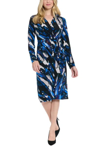 Truedames Rhea Criss-cross Collared Neckline Long Cuffed Sleeves Cinched Waist Faux Wrap Draped Sheath Midi Dr In Blue