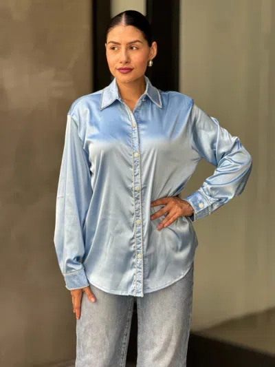 Truedames Rhinestone Diamond Lined Button Down Satin Blouse In Blue