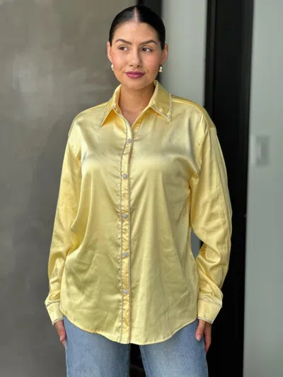 Truedames Rhinestone Diamond Lined Button Down Satin Blouse In Yellow