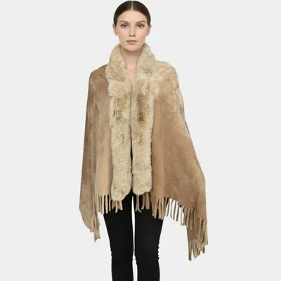 Truedames Rhinestone Embellished Fringe Faux Fur Poncho Wrap In Beige