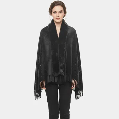 Truedames Rhinestone Embellished Fringe Faux Fur Poncho Wrap In Black