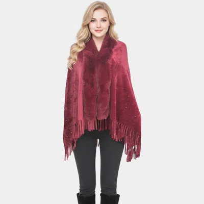 Truedames Rhinestone Embellished Fringe Faux Fur Poncho Wrap In Burgundy