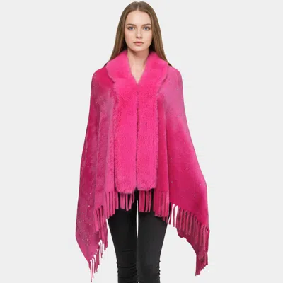 Truedames Rhinestone Embellished Fringe Faux Fur Poncho Wrap In Pink
