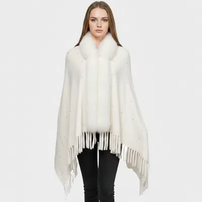 Truedames Rhinestone Embellished Fringe Faux Fur Poncho Wrap In White