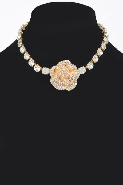 Truedames Rhinestone Flower Choker In Gold