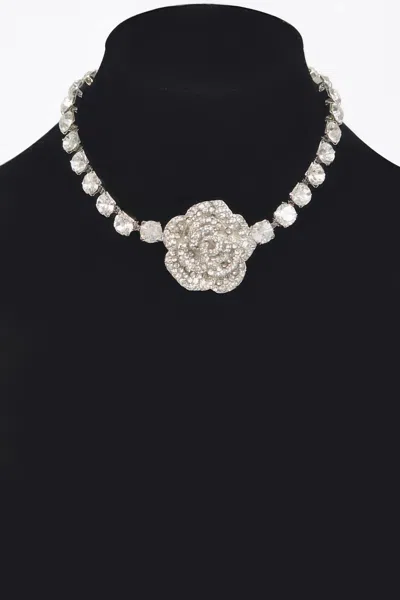 Truedames Rhinestone Flower Choker In Silver