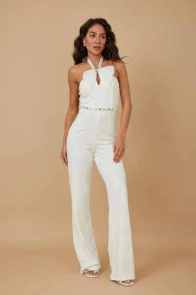Truedames Rhinestone Ribbon Haltered Neck Jumpsuit In White
