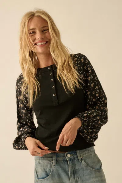 Truedames Rib-knit And Floral Bubble-sleeve Henley Top In Black