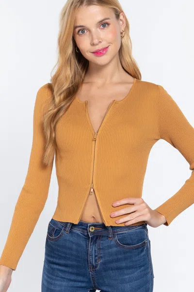 Truedames Rib Sweater Top W/front Zipper In Brown