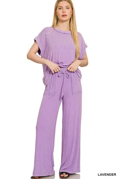 Truedames Ribbed Acid Wash Rayon Top & Pants Set In Purple
