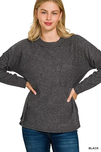 Truedames Ribbed Brushed Melange Hacci Sweater With Chest Pocket In Gray