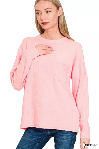 Truedames Ribbed Brushed Melange Hacci Sweater With Chest Pocket In Pink