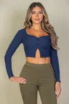 Truedames Ribbed Button Front Split Long Sleeve Top In Blue