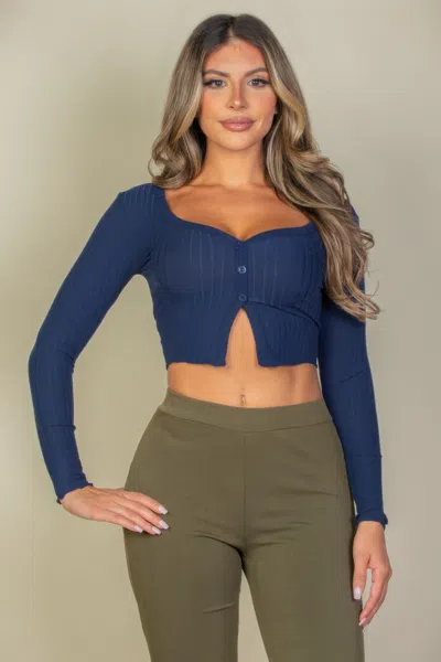 Truedames Ribbed Button Front Split Long Sleeve Top In Blue