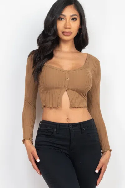 Truedames Ribbed Button Front Split Long Sleeve Top In Brown