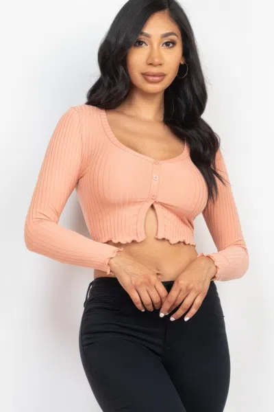 Truedames Ribbed Button Front Split Long Sleeve Top In Multi