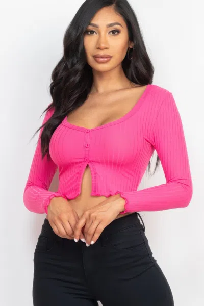 Truedames Ribbed Button Front Split Long Sleeve Top In Pink