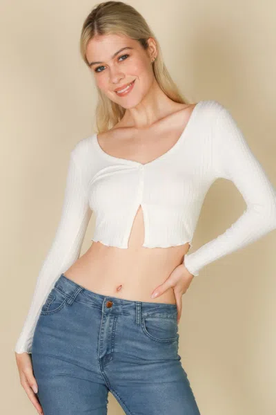 Truedames Ribbed Button Front Split Long Sleeve Top In White