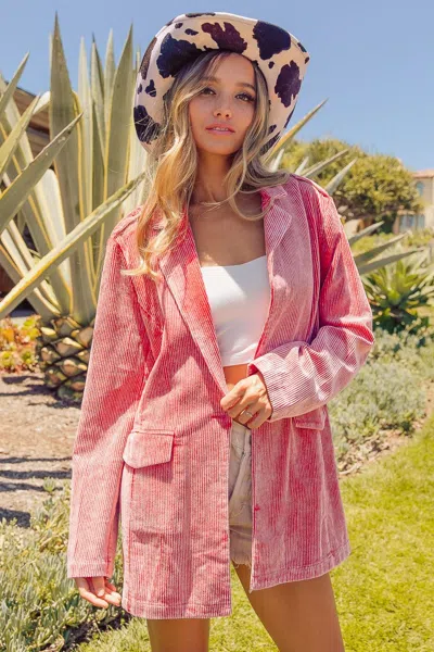 Truedames Ribbed Button Up Long Sleeve Blazer In Pink