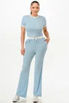 Truedames Ribbed Contrast Binding Top And Pants Set In Blue